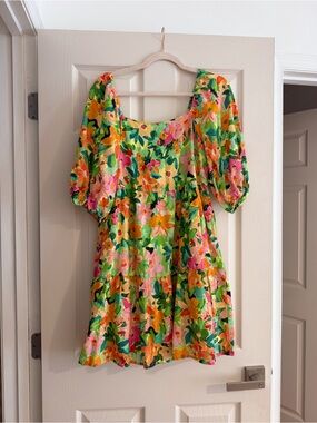 Floral Puff-Sleeve Mini Dress in Green and Pink